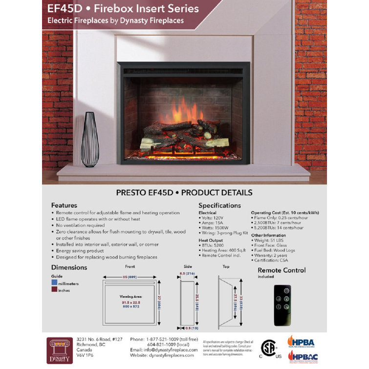 Dynasty Electric Fireplace Insert u0026 Reviews - Wayfair Canada