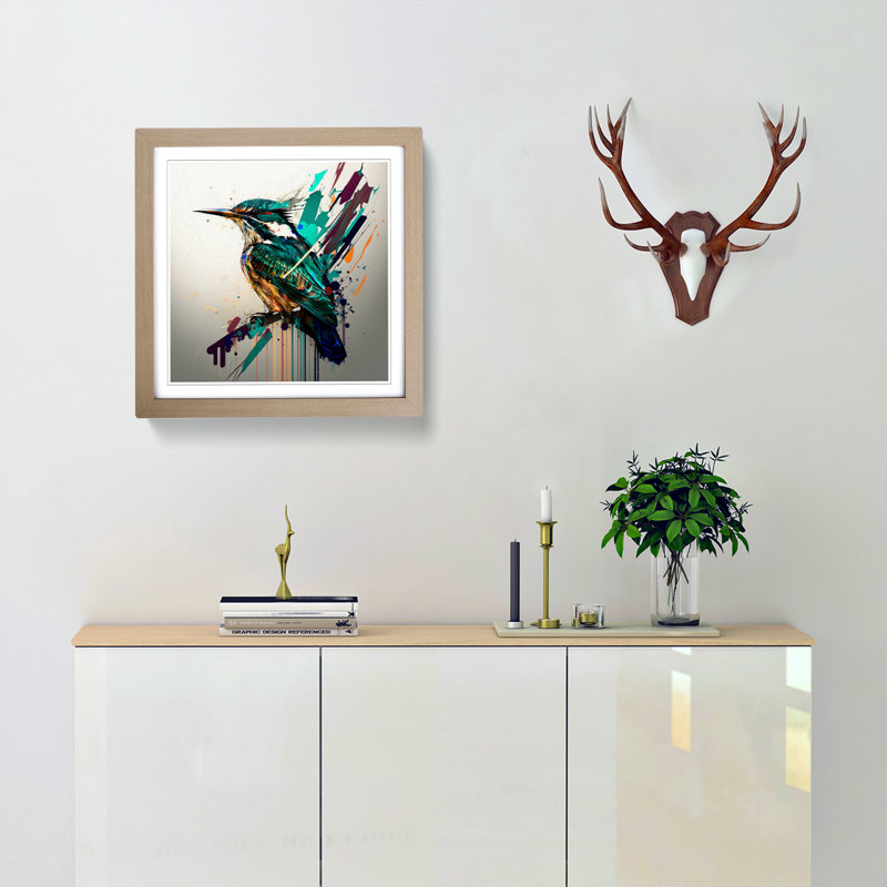 Kingfisher Glitch - Single Picture Frame Print on Wood, Oak