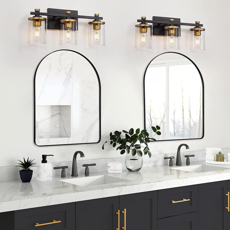 Hafsa Antique Arched Bathroom Vanity Mirror | Stainless Steel Frame, Matte Black, 32" x 24"