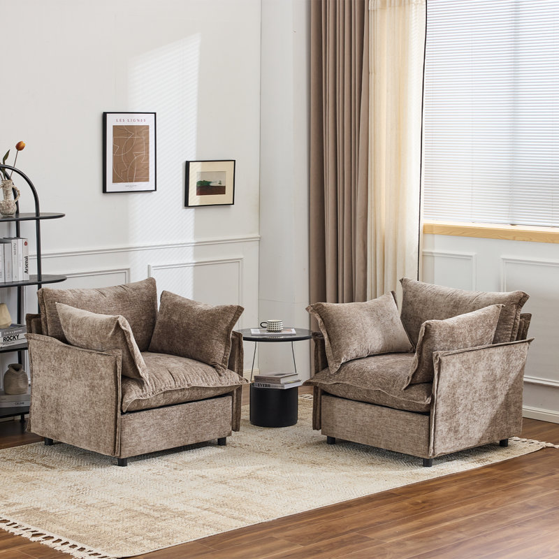 Chenille Upholstered Skirted Arm Chair Accent Chair  With Thin Arms For Living Room, Khaki