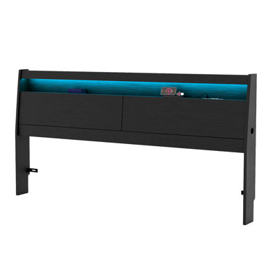 Headboard With Led Lights, Storage Cabinet & Built-in Charging Station, Modern Wooden Headboard With Baseboard Groove Design, Easy Assembly by Hokku Designs
