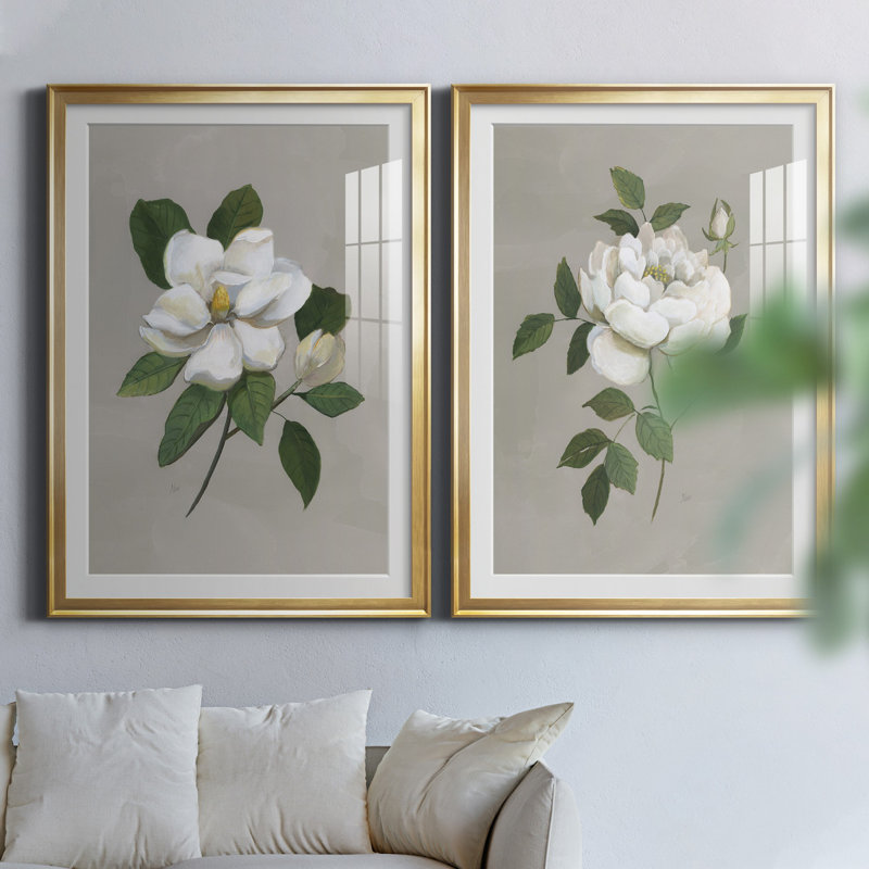 Magnolia botanique - ensemble de 2 reproductions d'art, H 26,5 po x l 73 po x P 1,5 po, Papier encadré doré, Blanc