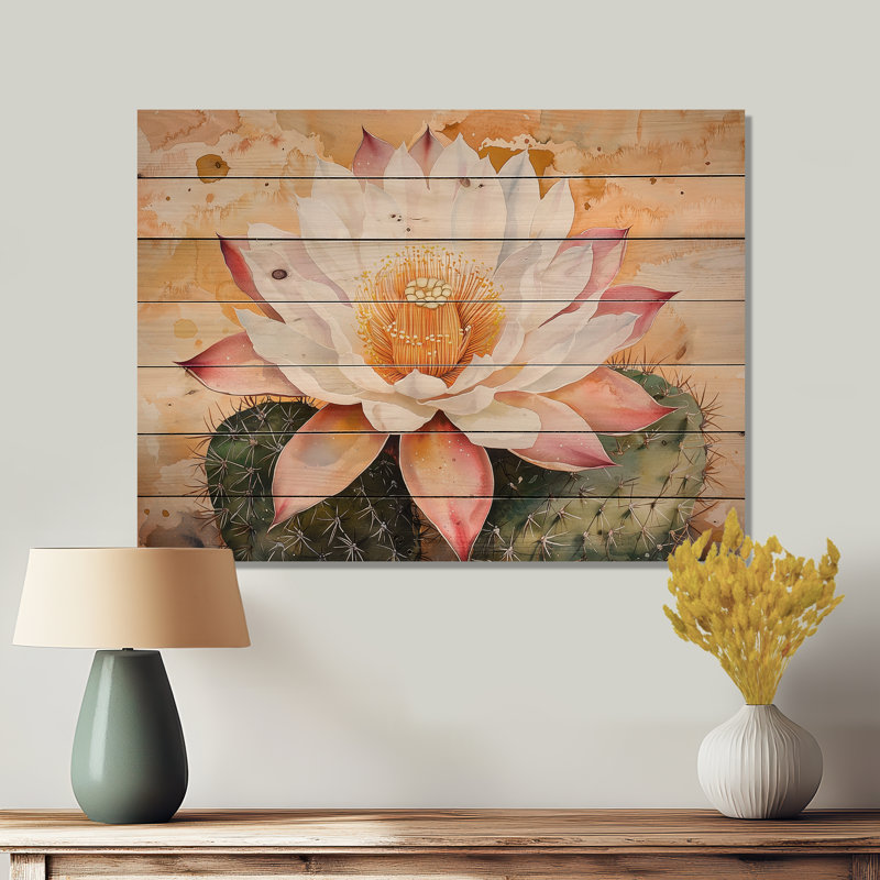 Fleur de cactus du désert du Nevada - Art mural traditionnel en bois sur bois de pin naturel, H 24 po x l 32 po