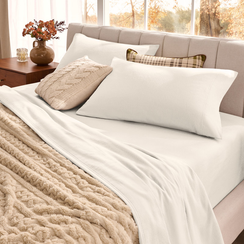 Organic 100% Cotton Flannel Sheet Set, Queen Sheet Set with 2 Pillowcases, Cream