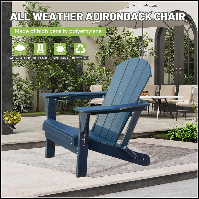 Durable Foldable HDPE Adirondack Chair with Cup Holder for Easy Storage and All-Weather Use, Dark Blue