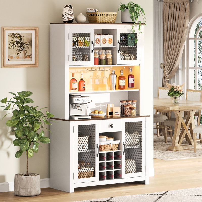 70.9" Kitchen Storage Cabinet With Led , 6 - Glass Stemware Rack, And Metal Mesh Doors Built In Power & Outlets, Decorative Lighting For