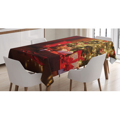 Xmas Scene Celebrations with Tree and Gifts by the Fireplace Design Image Tablecloth