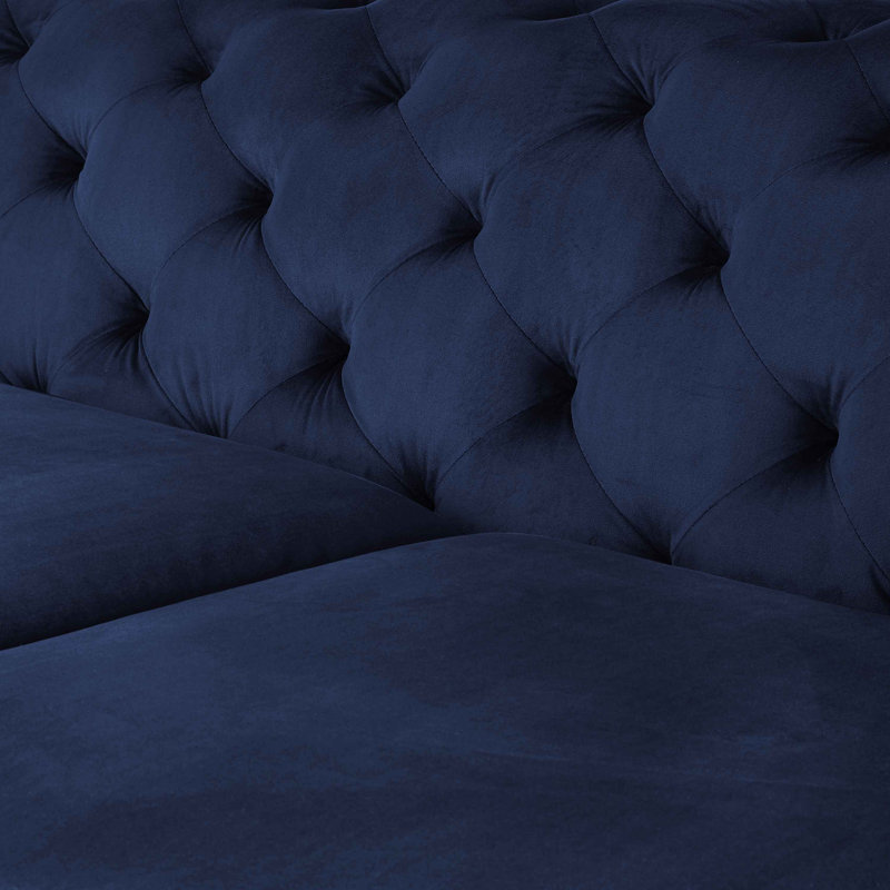 Ghaleb 237Cm Velvet Square Arms Sofa, Gold, Dark Blue Velvet