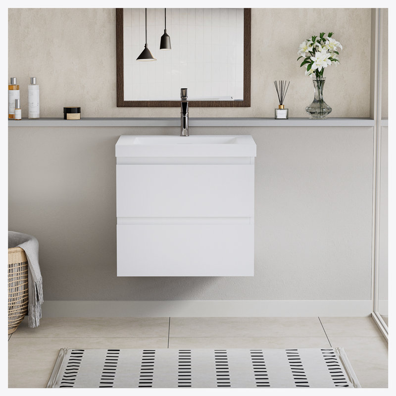 24" Floating Bathroom Vanity with Sink, Modern Wall-Mounted Bathroom Storage, White, White