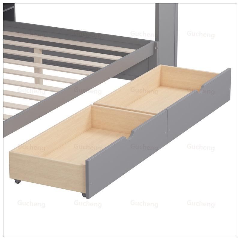 Multifunctional Wood Daybed with Drawers, Shelves, and Built-in Desk for Space-Saving and Productivity, Grey
