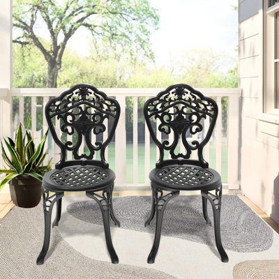 Paire de chaises d'extérieur en fonte d'aluminium, structure noire, sculptures délicates, excellente résistance aux intempéries, coussin antidérapant, chaise de patio ergonomique 2 pièces, noir, design complexe, à changements, pied glissant