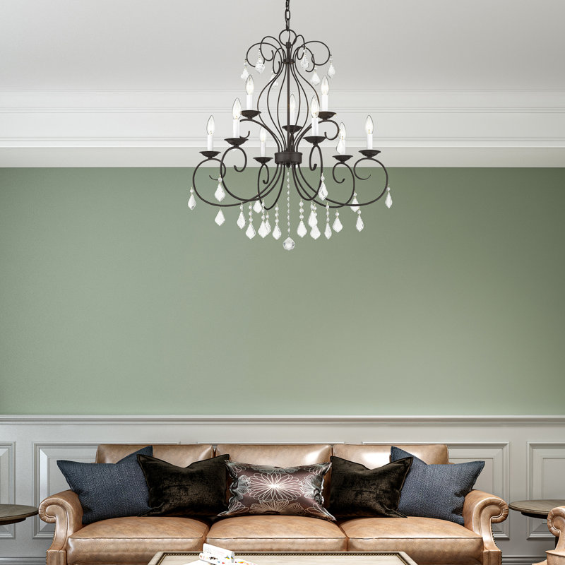 Lustre classique / traditionnel à 9 lumières de style bougie avec détails en cristal Dockray, Bronze anglais