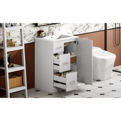 24 - Inch, Small Bathroom Vanity, Under Mount Sink, 2 Drawers, Soft Closing Cabinet, Vertical Stripe Pattern, Smart Space Saving, Close Hardware, Pre Drilled Plumbing Holes Water , Easy Faucet