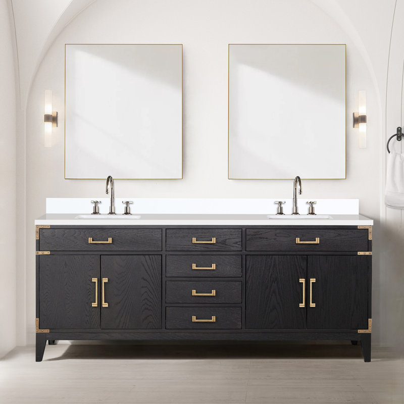 Meuble-lavabo double en chêne noir 80 po X P 22 po D, dessus en quartz blanc et ensemble de robinet, Noir
