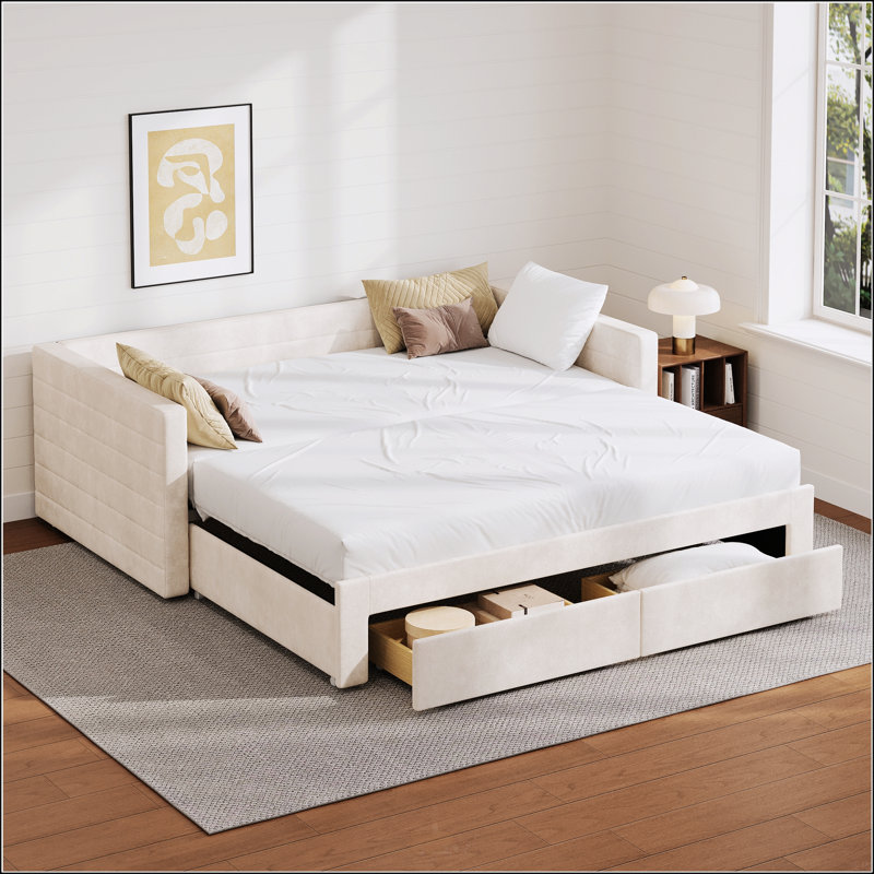 Structure de lit de jour extensible simple rembourrée avec lit gigogne, Beige