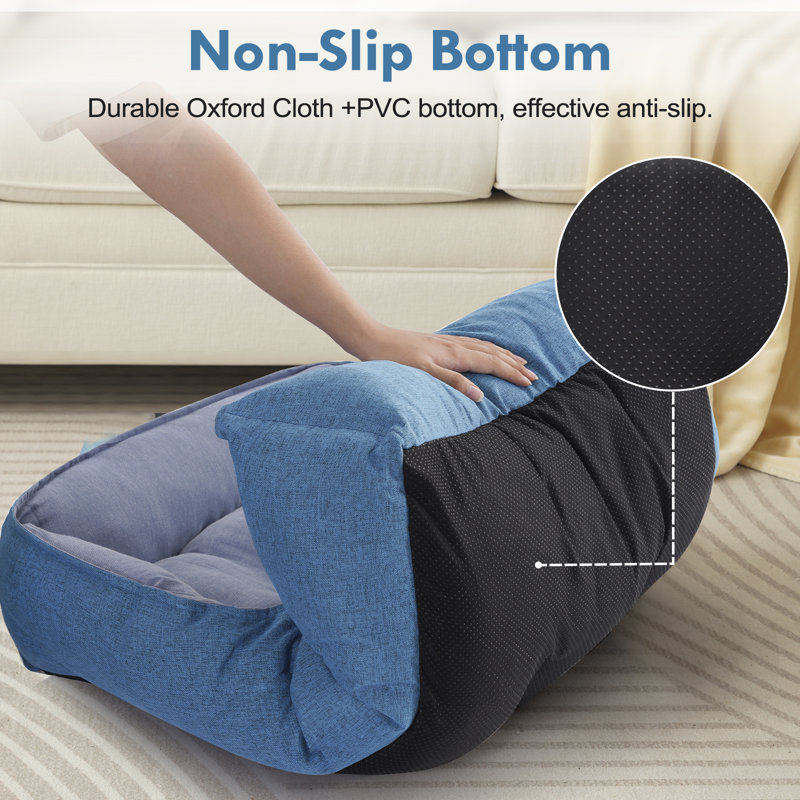 Blue Linen Rectangle Pet Bed with Bolster Cushion