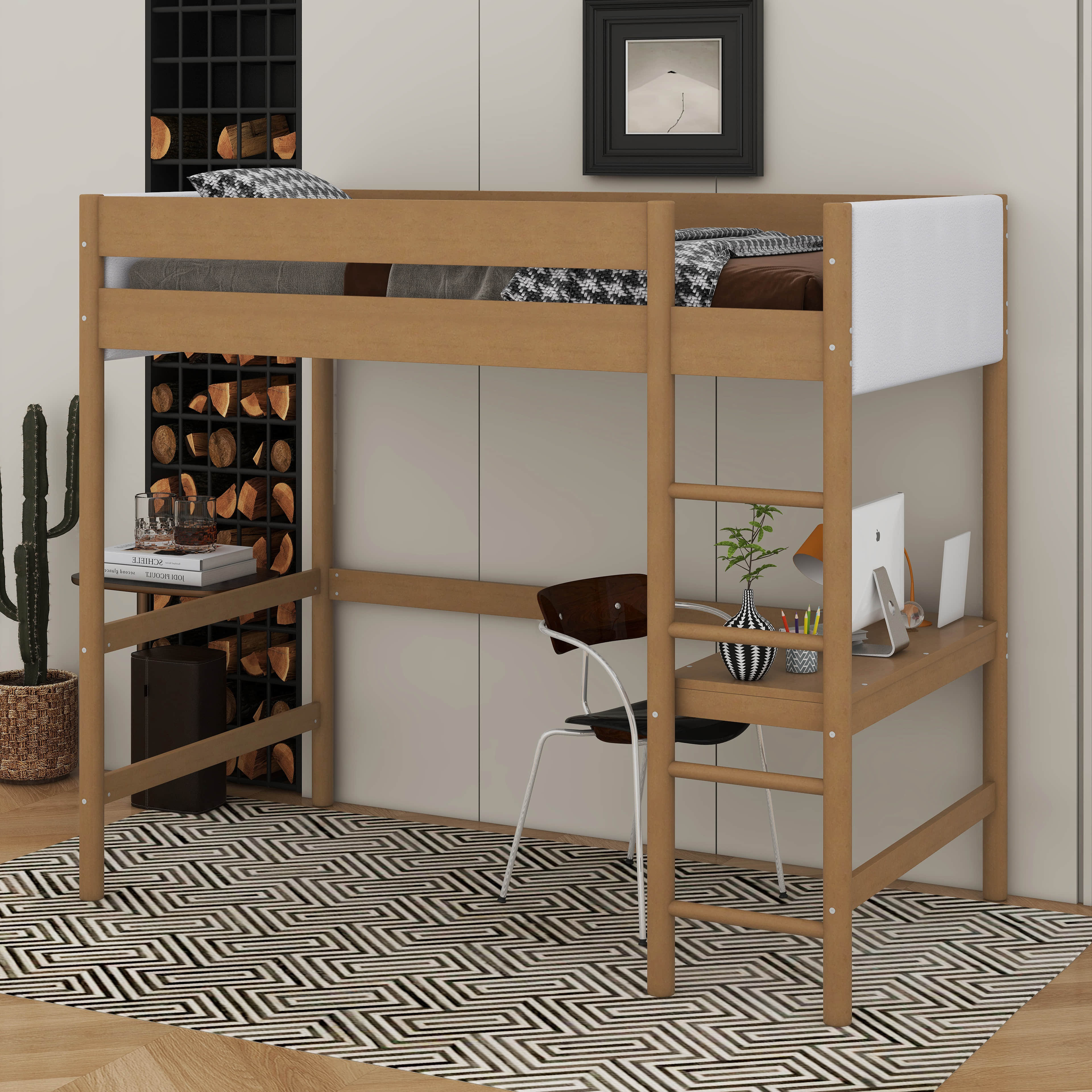 Harriet Bee Twin Size Loft Bed With Desk, Boucle Upholstered Headboard ...