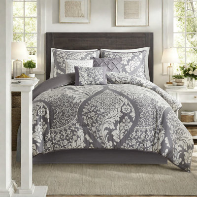 Elegant 7-piece Cotton Bedding Set, Grey Damask Design, Hypoallergenic Comforter For Modern Bedrooms