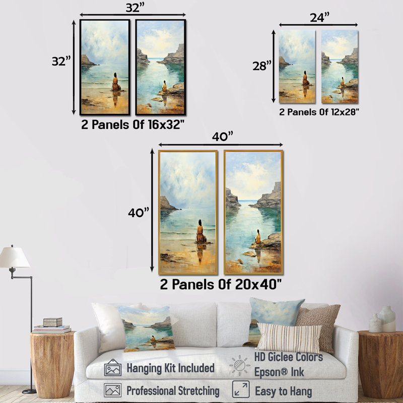 Meditation Serenity By The Sea I - Beach Art Wall Art, ensemble de 2, H 32 po x l 33 po, Cadre flottant blanc