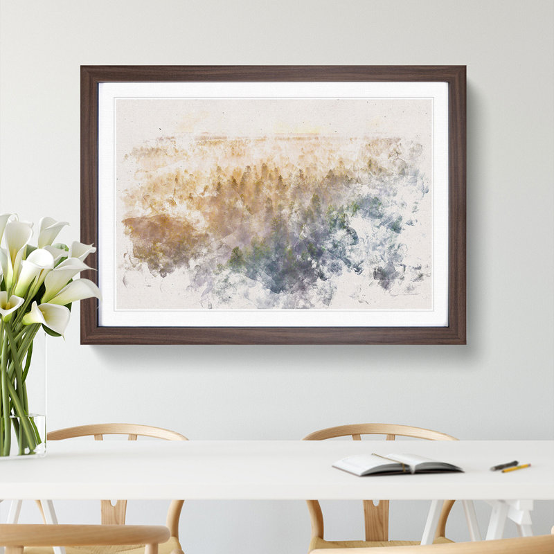 Fog Over The Forest Watercolour - Single Picture Frame Print on MDF, Walnut Framed, 40cm H x 60cm W x 2cm D