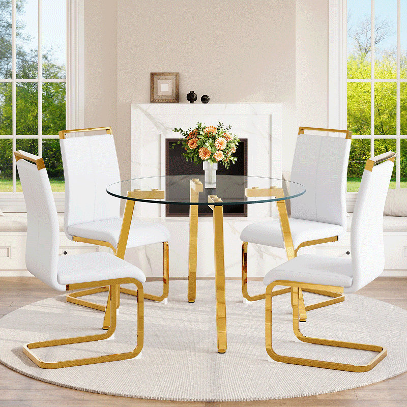 Ensemble de table de salle à manger moderne pour 4 personnes avec plateau en verre trempé et pieds en métal doré, Blanc