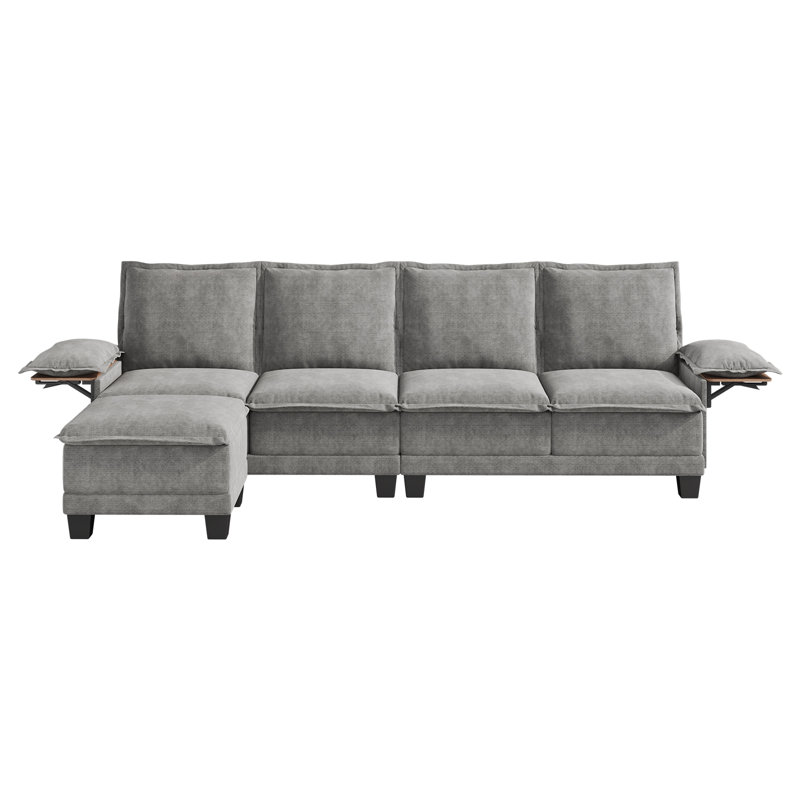 122" Waterproof Chenille L-Shape Sofa With Collapsible Table, 4-Seat Sectional Upholstered Couch With Ottomans For Living Room, Apartment