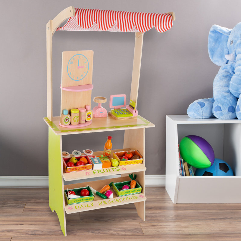 Hey! Play! Kids Grocery Store - Fresh Market Selling Stand - Wood Play Set with Toy Register, Pretend Credit Card, and Food Accessories
