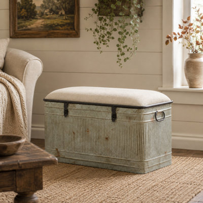 Gray Metal Galvanized Room Storage Bench with Cream Burlap Top and Black Latches, 38" x 16" x 19"