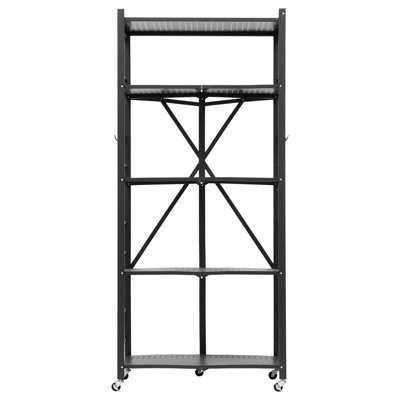 Étagère pliante noire à 5 niveaux avec roulettes, processus d'installation simple, rotation à 360 °, 2 tablettes à chaque étape pour supporter 190 lb, étagère compacte en métal noir, assemblage d'outils, conception