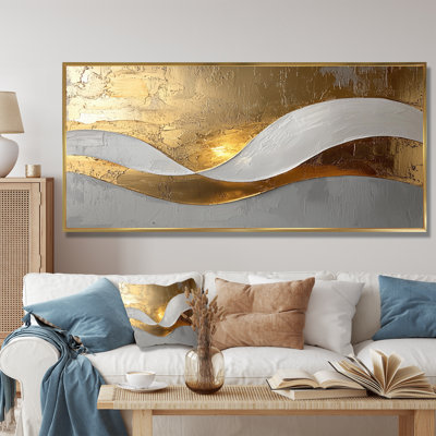Vagues abstraites d'introspection en or et blanc I - art mural abstrait grand
