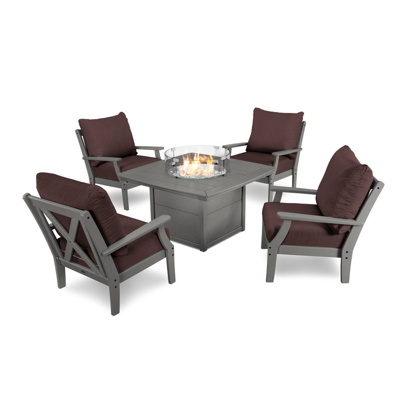 Braxton 5-Piece Deep Seating Conversation Set with Fire Pit Table, Slate Gray, Canvas Natural Sunbrella® Canvas