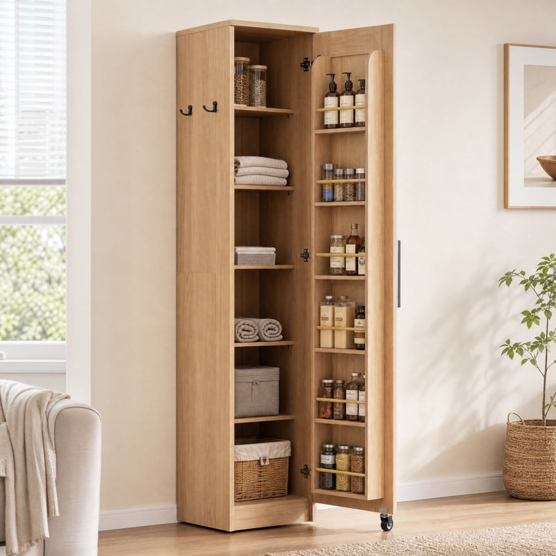 Garde-manger étroit avec 12 tablettes de rangement, armoire de rangement mince à porte simple de 72 po avec 6 tablettes réglables, support de porte et roulettes verrouillables