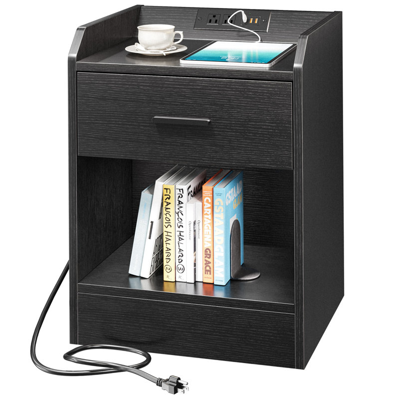 Nightstand Hidden Drawer with Hidden Compartment, Charging Station and AC Outlets USB Ports, Black