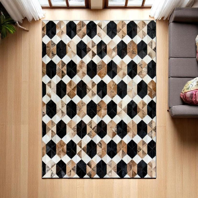 Tapis en cuir de vache noir de luxe avec patchwork - Tapis en cuir fabriqué à la main pour le salon