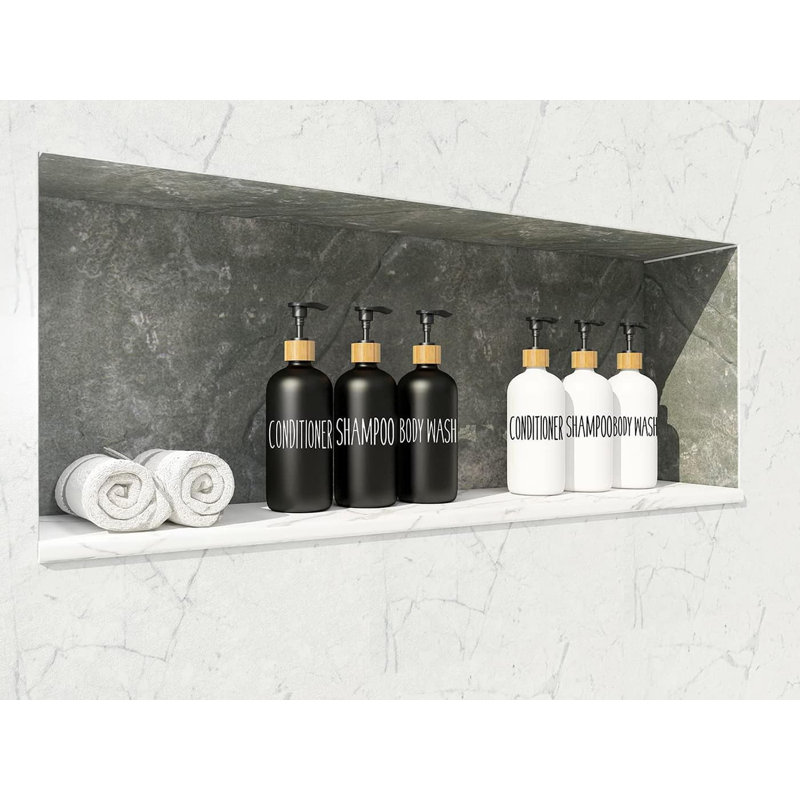 Shampoo/Conditioner Dispenser Set | Glass Refillable Bottles with Easy-Read Labels | for Body Wash & Shower, Black