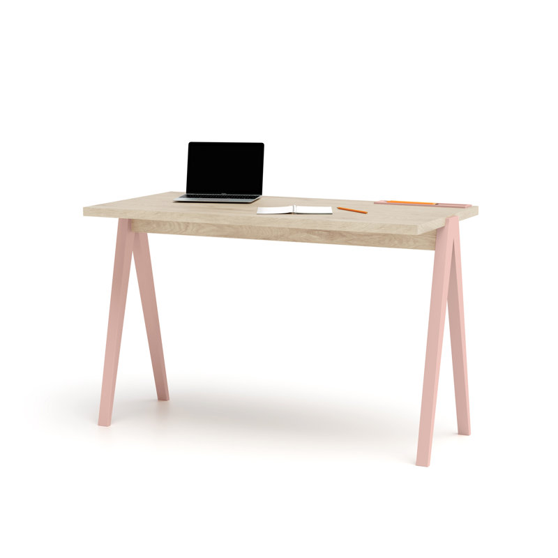 Dikili Solid Wood Base Writing Desk, Light Oak/Pink
