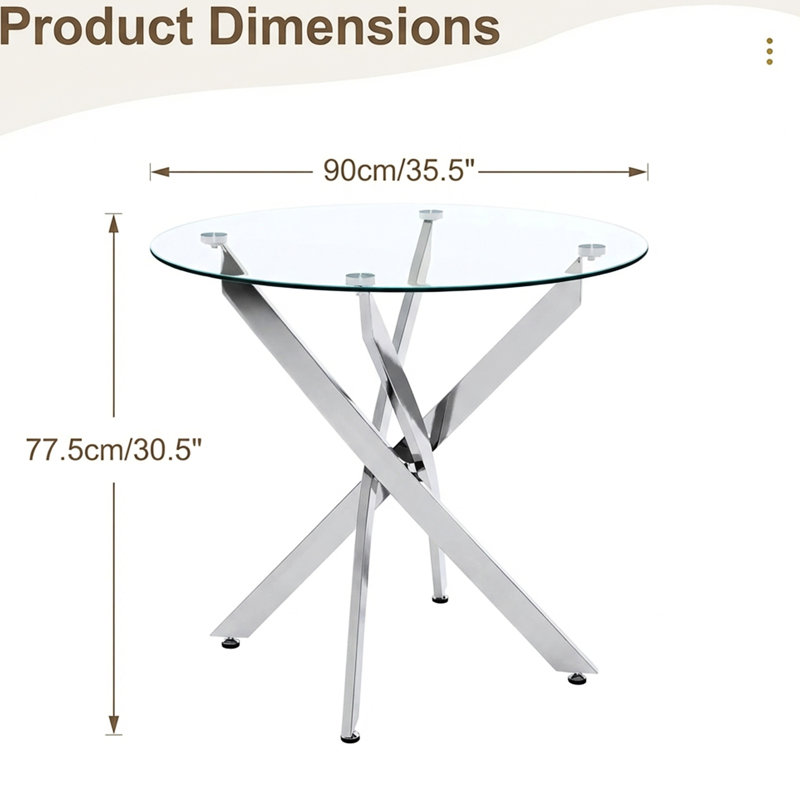35.5" Round Glass Dining Table, Smooth Scratch - Touch, Silver Legs, Ideal For 2 4 People, Quick Assembly In Small Spaces Hassle Setup