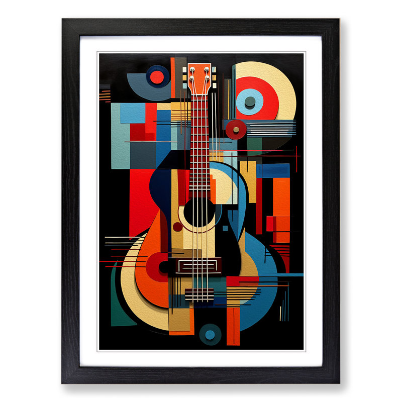 Guitar Constructivism - Single Picture Frame Print on Wood, 46cm H x 34cm W x 2cm D, Black