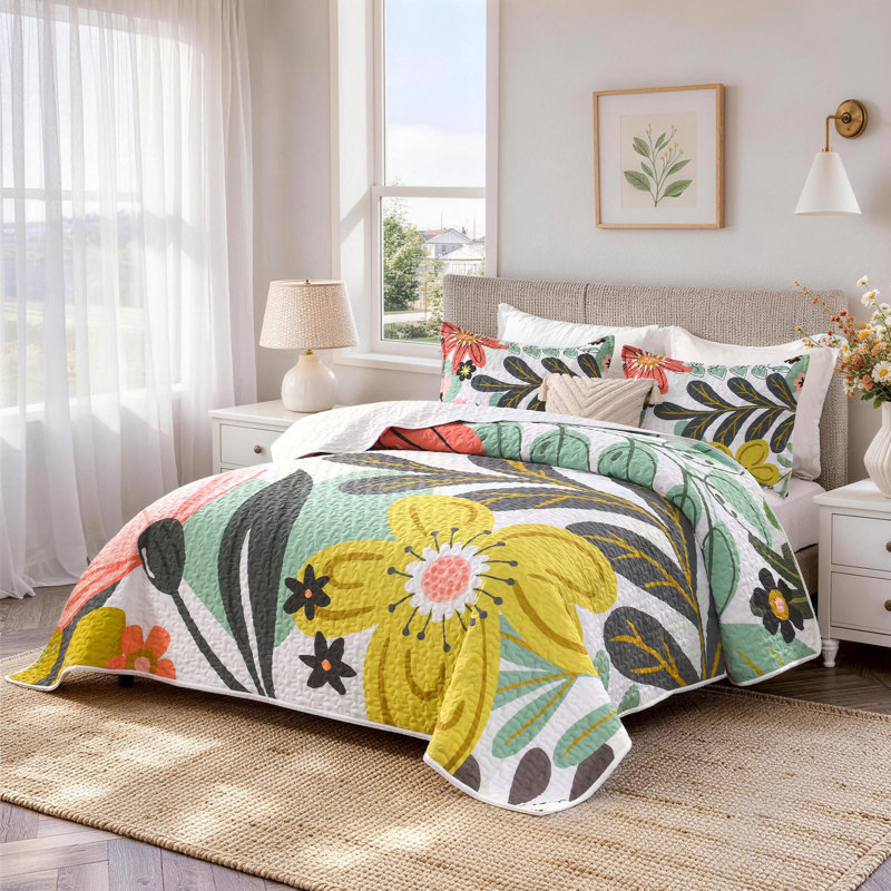 Ensemble de literie pour lit très grand Floral Boho Quilt, Très grand (106 x 96 po), Fleur cramoisie
