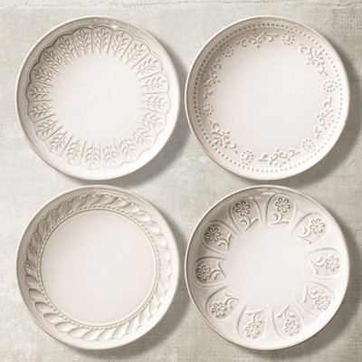 4 assiettes à dîner / salade 8,5 po 4 pièces, glacis réactif, rebord anti-éclaboussures, va au micro-ondes, registre de mariage et cadeau des Fêtes, plusieurs motifs