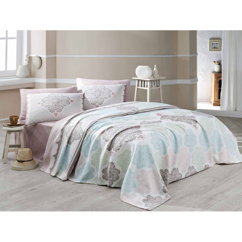 Ensemble de literie double piqué de haute qualité, 100% coton, comprend 2 taies d'oreiller (19,7 x 27,6 po), drap plat (86,6 x 94,5 po), piqué (78,7 x 90,6 po) | Doux, durable, lavable à la machine, turquoise élégant et vert