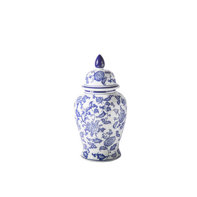Pot à gingembre / temple en céramique à finition ronde en céramique - bleu et blanc - H 18,50 po