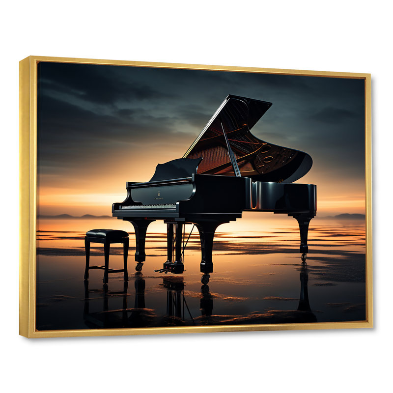 Piano Symphony In Silhouette I - Music Piano, art mural, Cadre flottant doré, H 30 po x l 40 po x P 1,5 po
