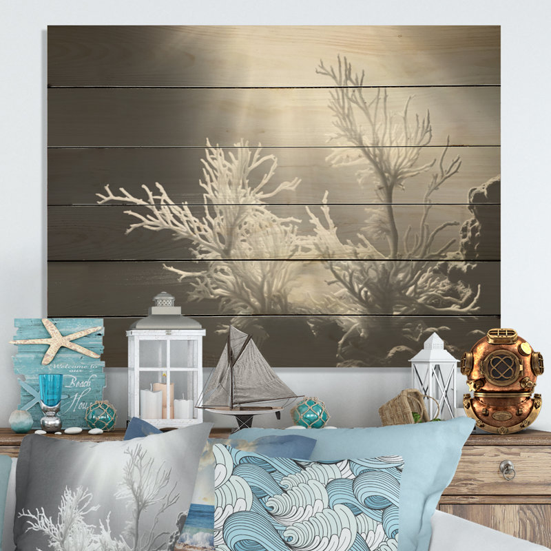 «Black and White Underwater Silent Flow - Coastal Coral Under Water Wood», art mural sur bois de pin naturel