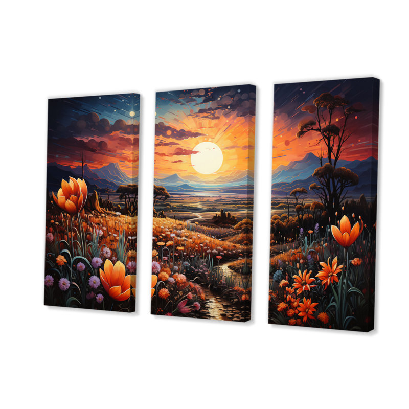 «Western Desert Flowers Pointillism», reproduction d'art sur toile 3 pièces, H 40 po x l 60 po x P 1 po