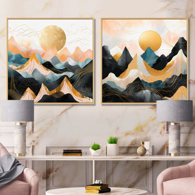 Ensemble de 2 décorations murales roses et dorées «Bold Landscape I - Mountains»