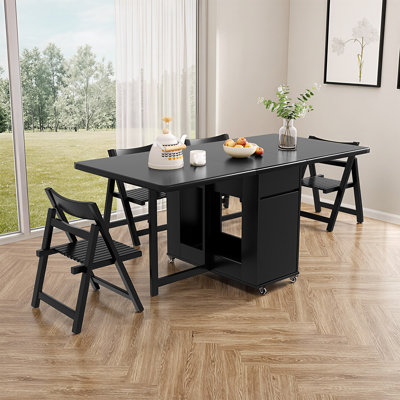 Black Solid Wood Folding Dining Set with 4 Chairs, Table with Casters and 2 Drawers, Space-Saving Design Fast Dispatch From UK Warehouse – Dispatched Within 2 Days