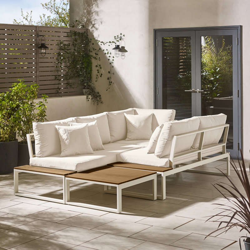 Outdoor 6 Seat Grey Corner Sofa and Table Set with In-Built Side Tables for Modern Gardens, White