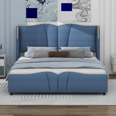 Modern Bed Frame With Wingback Head Board, Upholstered Platform Bed With Wavy Footboard