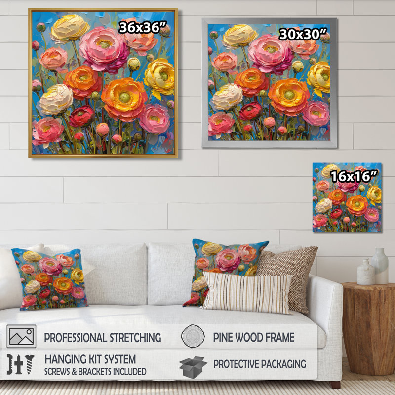 Rose, orange, orange, été, prairie I - Renoncule, art mural, salon, H 36 po x l 36 po, Cadre flottant brun